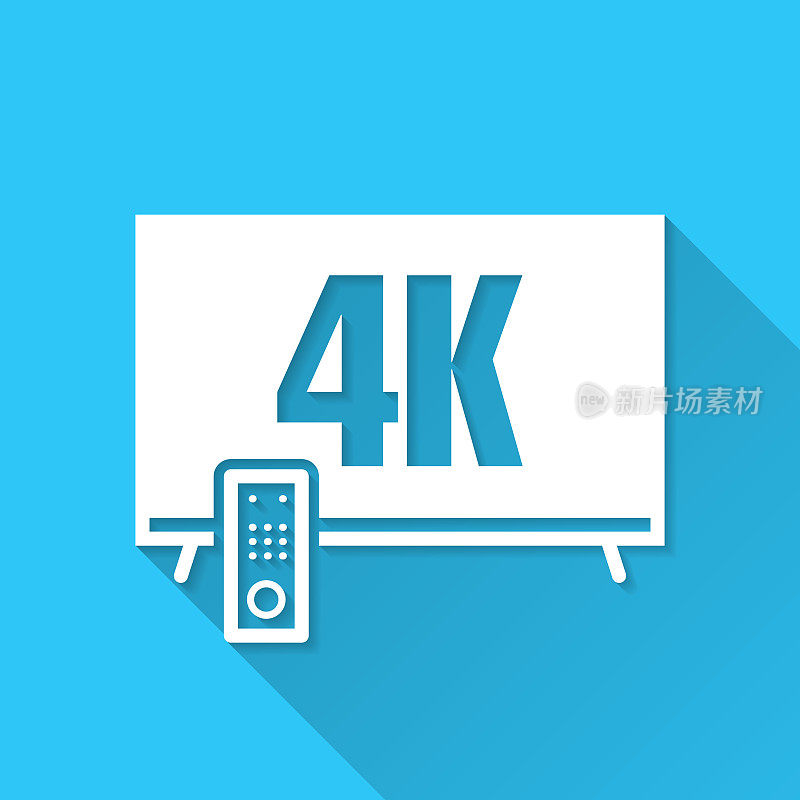 4 k电视。图标在蓝色背景-平面设计与长阴影